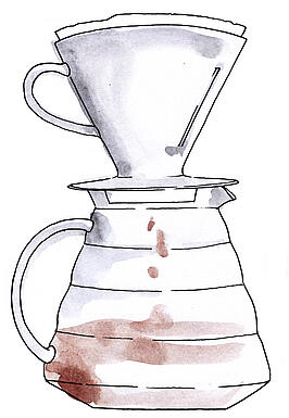 Illustration Zubereitung Filterkaffee mit Handfilter und Kaffeekanne
