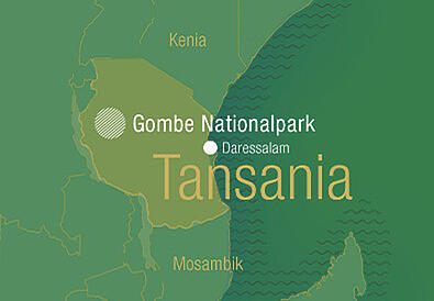 Ilustracja mapa Tanzanii z Parkiem Narodowym Gombe
