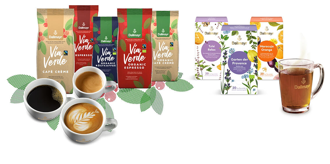 Dallmayr tēja un ilgtspējīgie Via Verde kafijas produkti, sākot ar filtra kafiju, kapučīno, espresso un līdz pat tējai gastronomijas uzņēmumiem